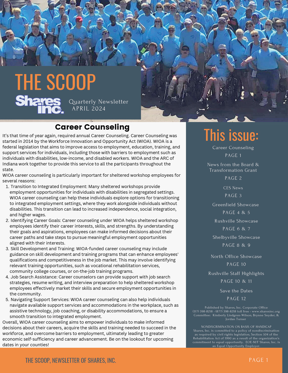Quarterly newsletter from Shares Inc. for April 2024, featuring information on career counseling for individuals with barriers to employment, including a large group photo of participants in blue shirts.