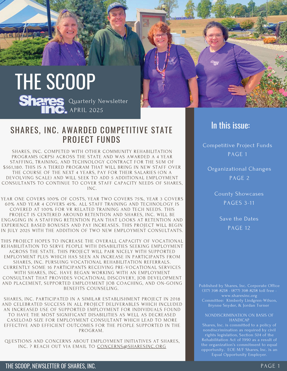 Quarterly newsletter for Shares, Inc. from April 2025, highlighting their award of competitive state project funds to enhance employment services for individuals with disabilities.