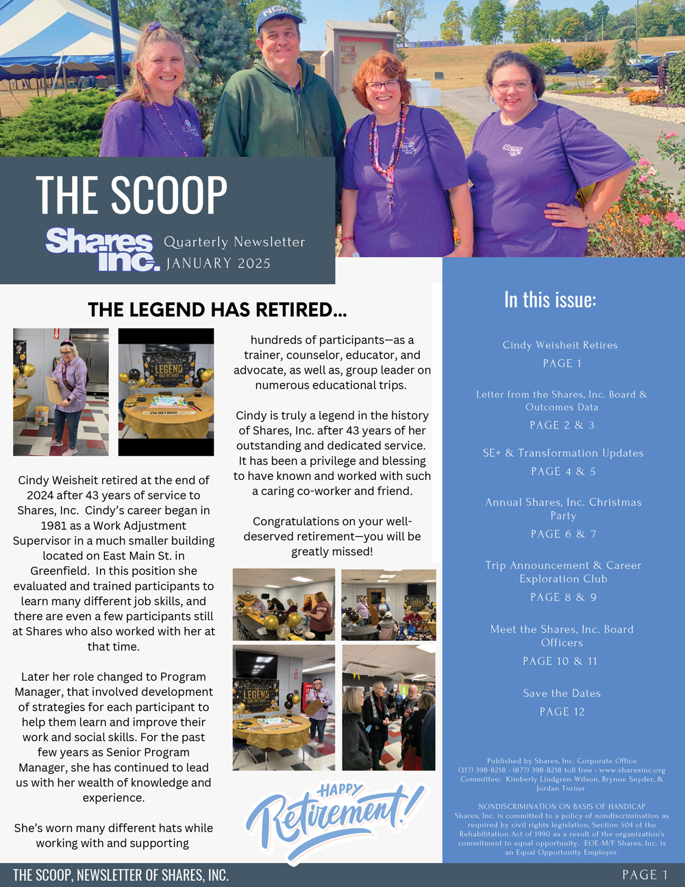 Quarterly newsletter from Shares, Inc. announcing the retirement of Cindy Weisheit after 43 years of dedicated service, featuring celebration photos and updates.