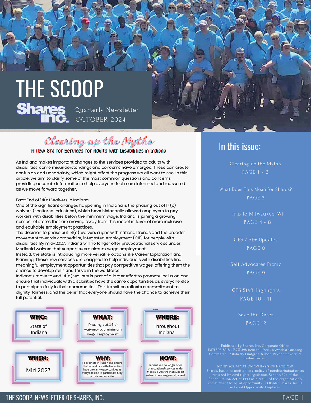 Quarterly newsletter cover for Shares Inc., October 2024, featuring a group photo of adults with disabilities and details on changes to services in Indiana, including the phasing out of 14(c) waivers.