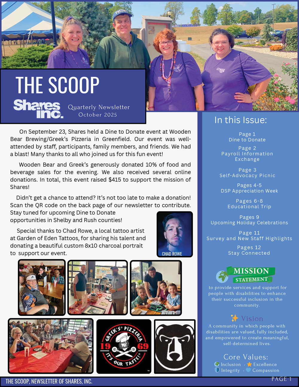 Newsletter from Shares, Inc. highlighting a Dine to Donate event at Wooden Bear Brewing/Greek's Pizzeria, featuring community support, fundraising efforts, and upcoming initiatives.